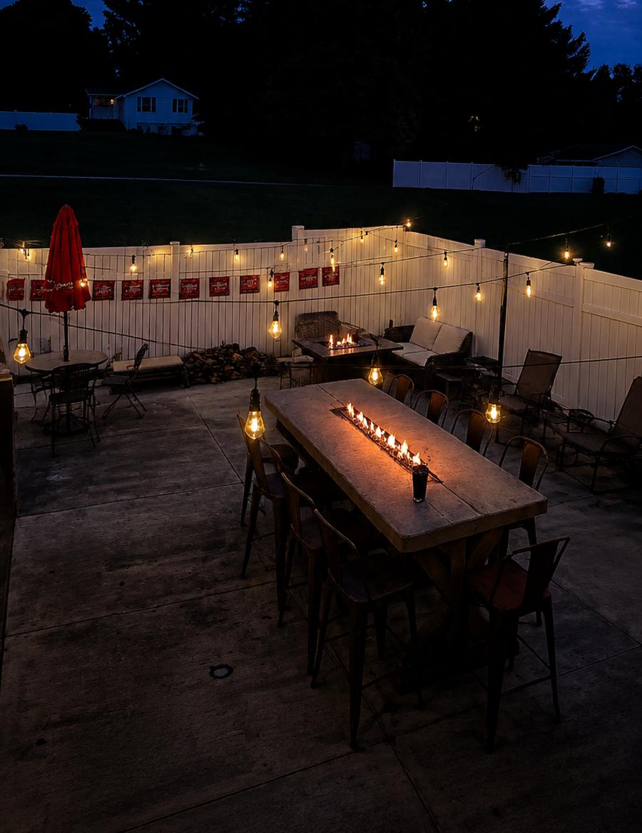 Houston Pub's patio at dusk — fire tables lit under string lights