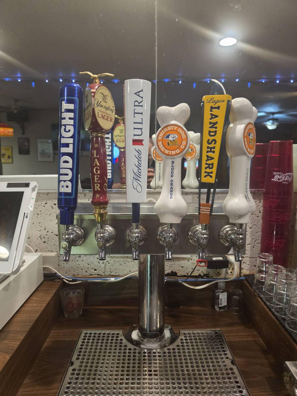 Tap handles at the bar — Thirsty Dog, LandShark, Michelob Ultra, Yuengling and Bud Light